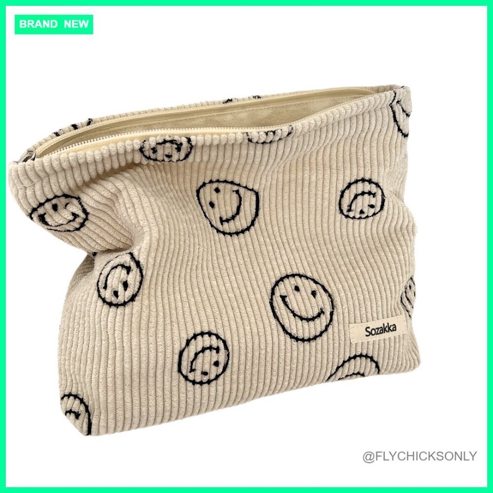 Corduroy Cosmetic Bag with Smile Dots, Makeup Organizer Storage Pouch